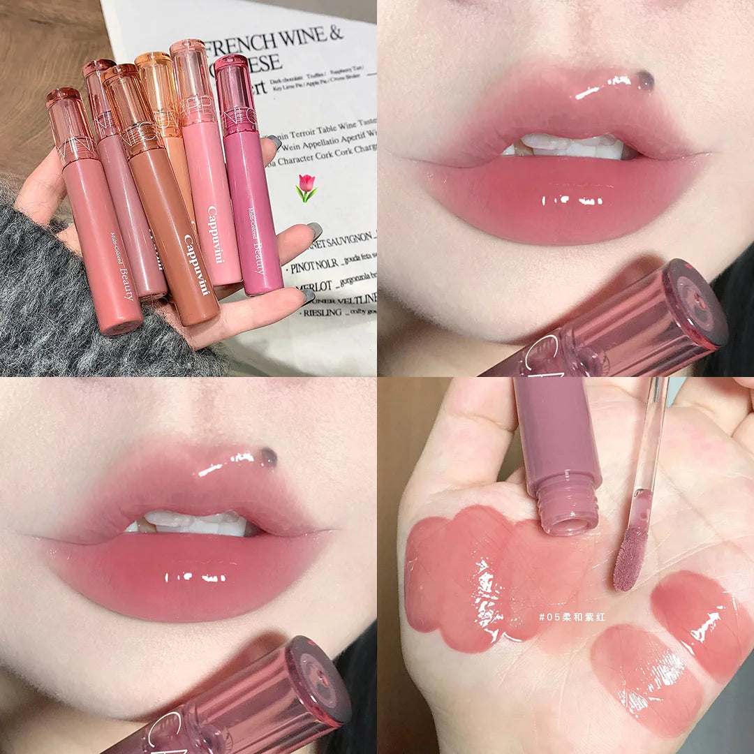 Mirror Jelly Lip Glaze 6 Colors Water-Light Lip Gloss Long Lasting Waterproof Moisturising Glossy Red Lip Tint Makeup Cosmetics