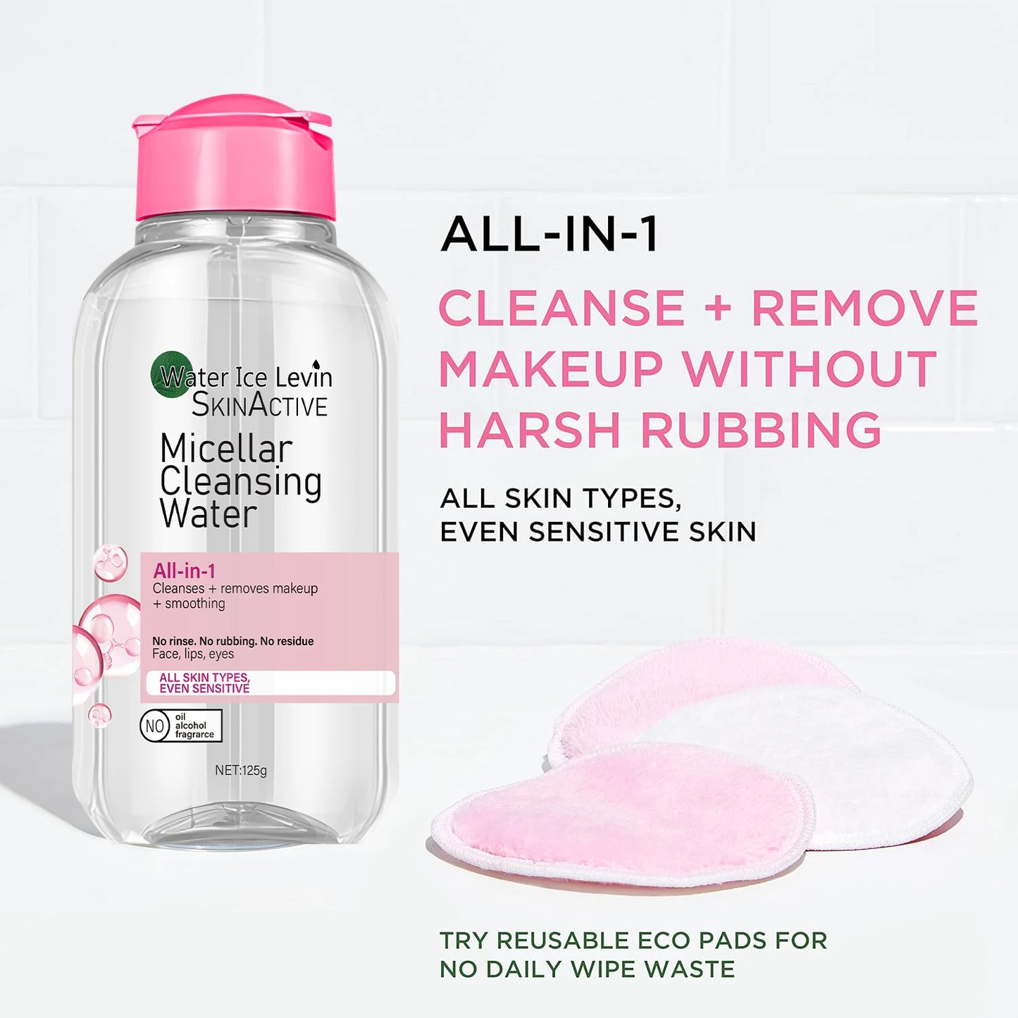 Micellar Water: All-In-1 Cleanser & Makeup Remover. No Rinse, No Rub, for Sensitive Skin. 125G.