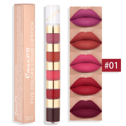 1 Pcs 5 Colors Long-Lasting Lock Color Matte Lip Gloss Lipstick Waterproof Embellishes Lip Shape and Enhances Temperamen
