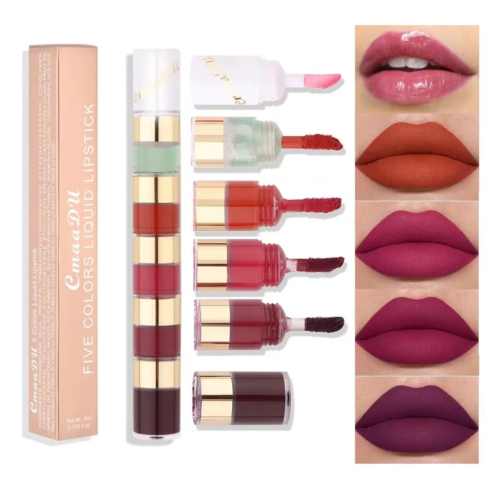 1 Pcs 5 Colors Long-Lasting Lock Color Matte Lip Gloss Lipstick Waterproof Embellishes Lip Shape and Enhances Temperamen
