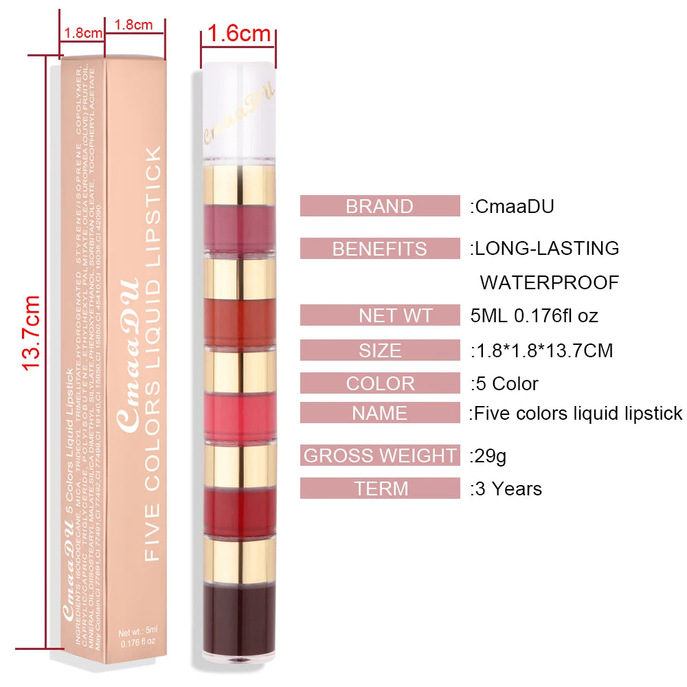1 Pcs 5 Colors Long-Lasting Lock Color Matte Lip Gloss Lipstick Waterproof Embellishes Lip Shape and Enhances Temperamen