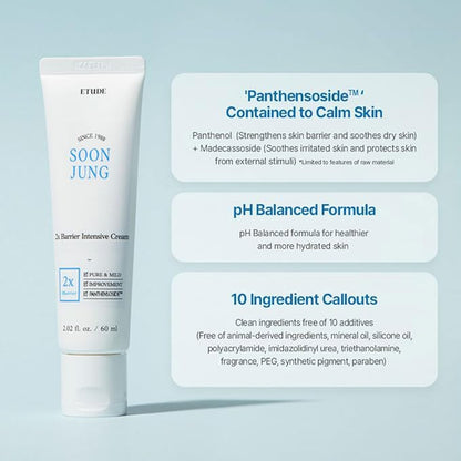 House Soonjung 2X Barrier Intensive Cream 60Ml (21AD) | Hypoallergenic Shea Butter Hydrating Facial Cream for Sensitive Skin, Water-Oil Balance & Panthenol for Damaged Skin | K-Beauty