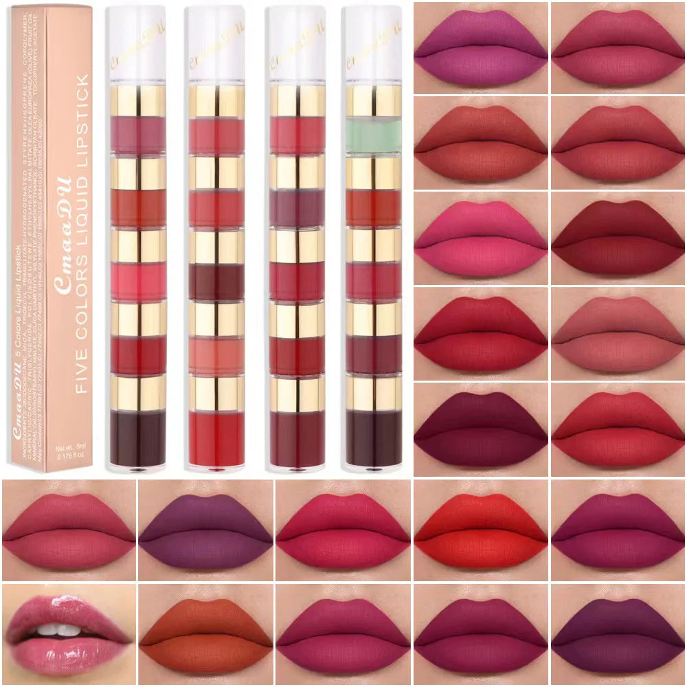 1 Pcs 5 Colors Long-Lasting Lock Color Matte Lip Gloss Lipstick Waterproof Embellishes Lip Shape and Enhances Temperamen